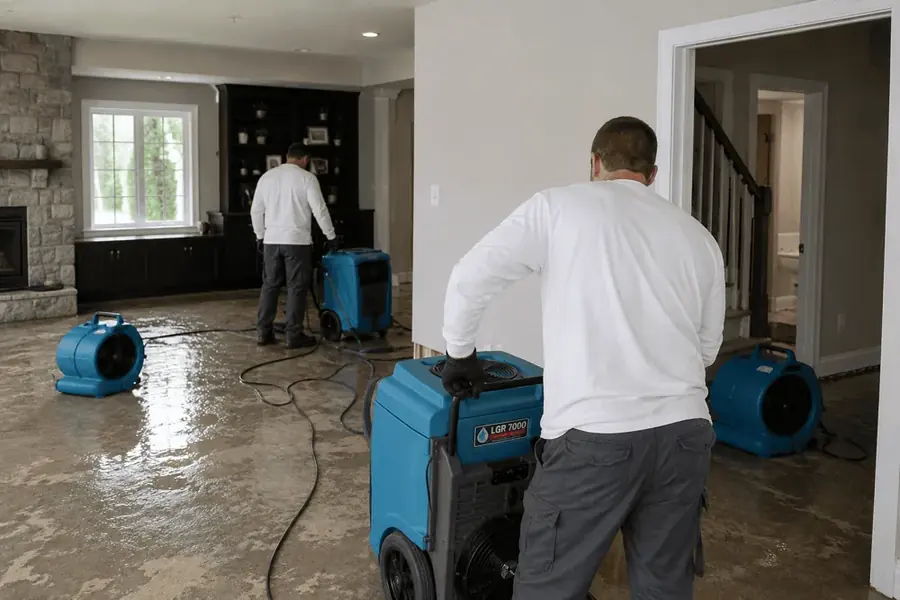 Air movers drying a water-damaged floor inside a Dallas home
