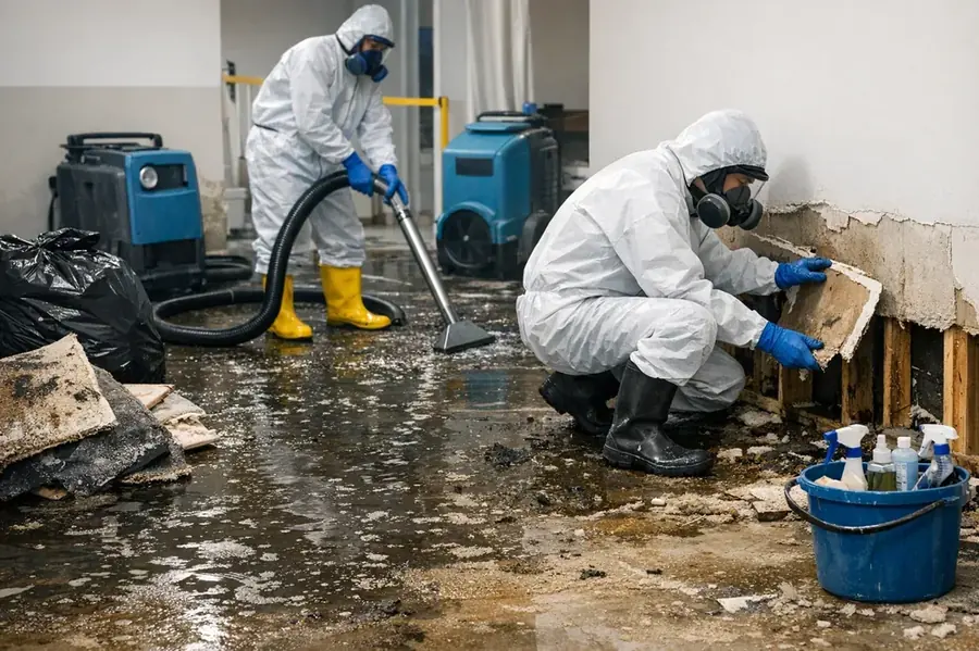 Crew in protective gear cleaning a sewage backup in a Dallas home